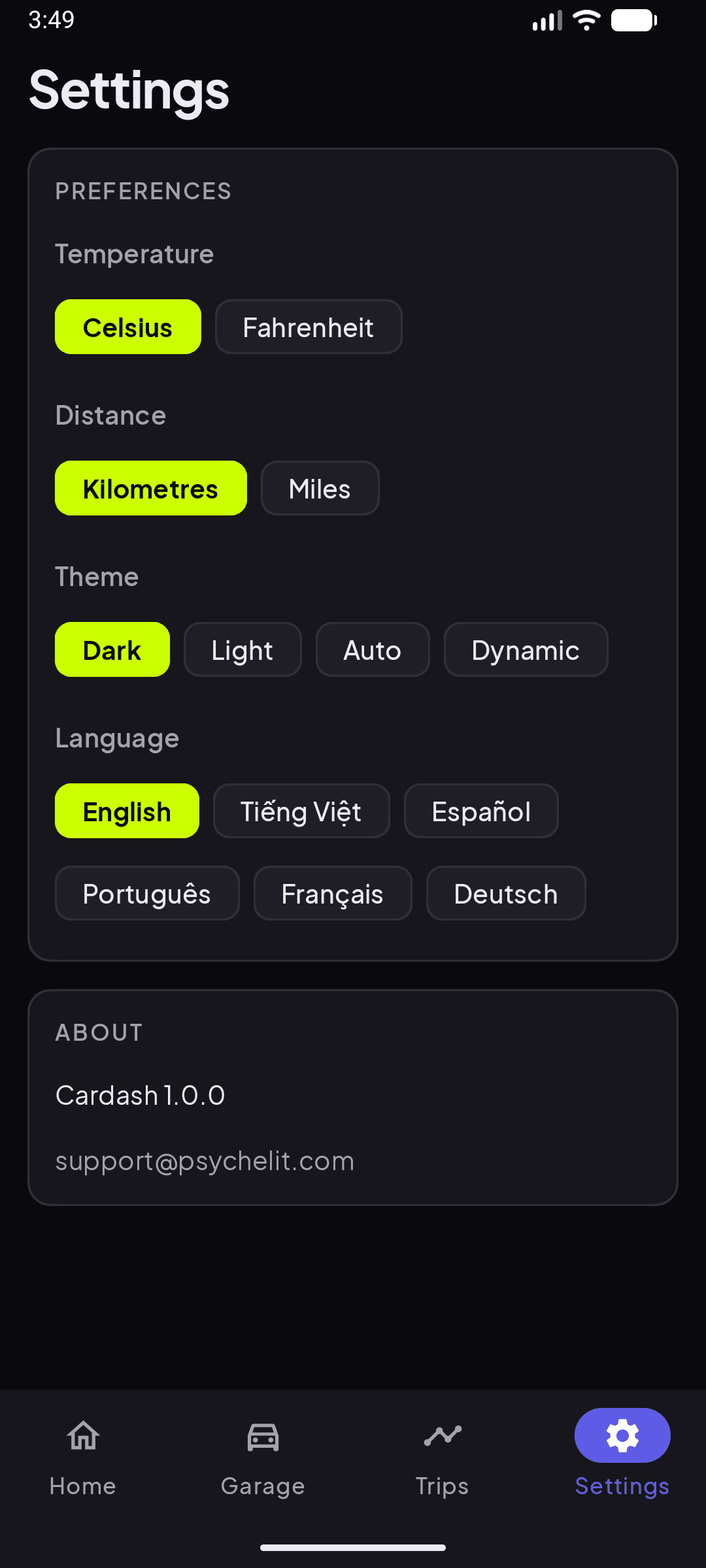 Settings: theme, units and language