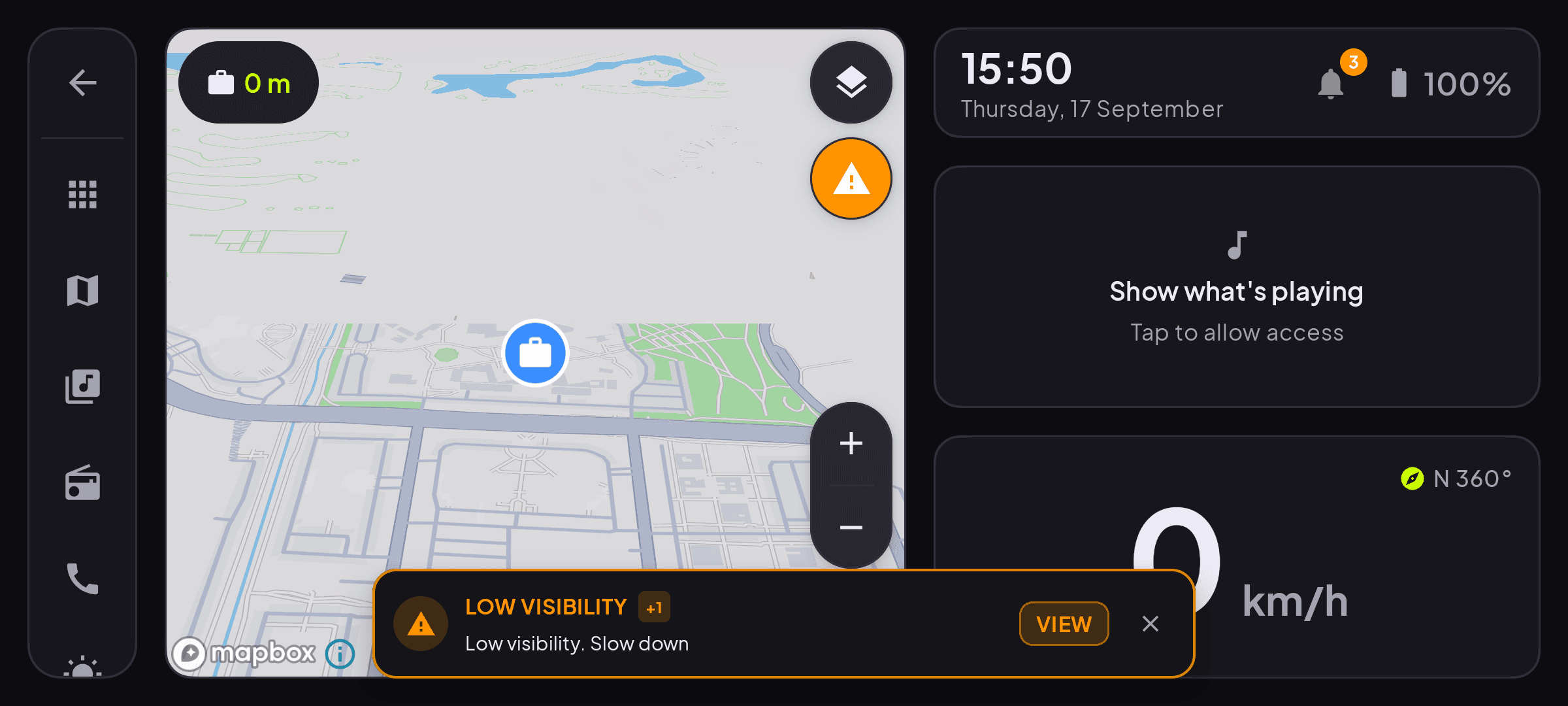 The Car Dashboard cockpit: 3D map navigation, speedometer and controls in a dark landscape layout