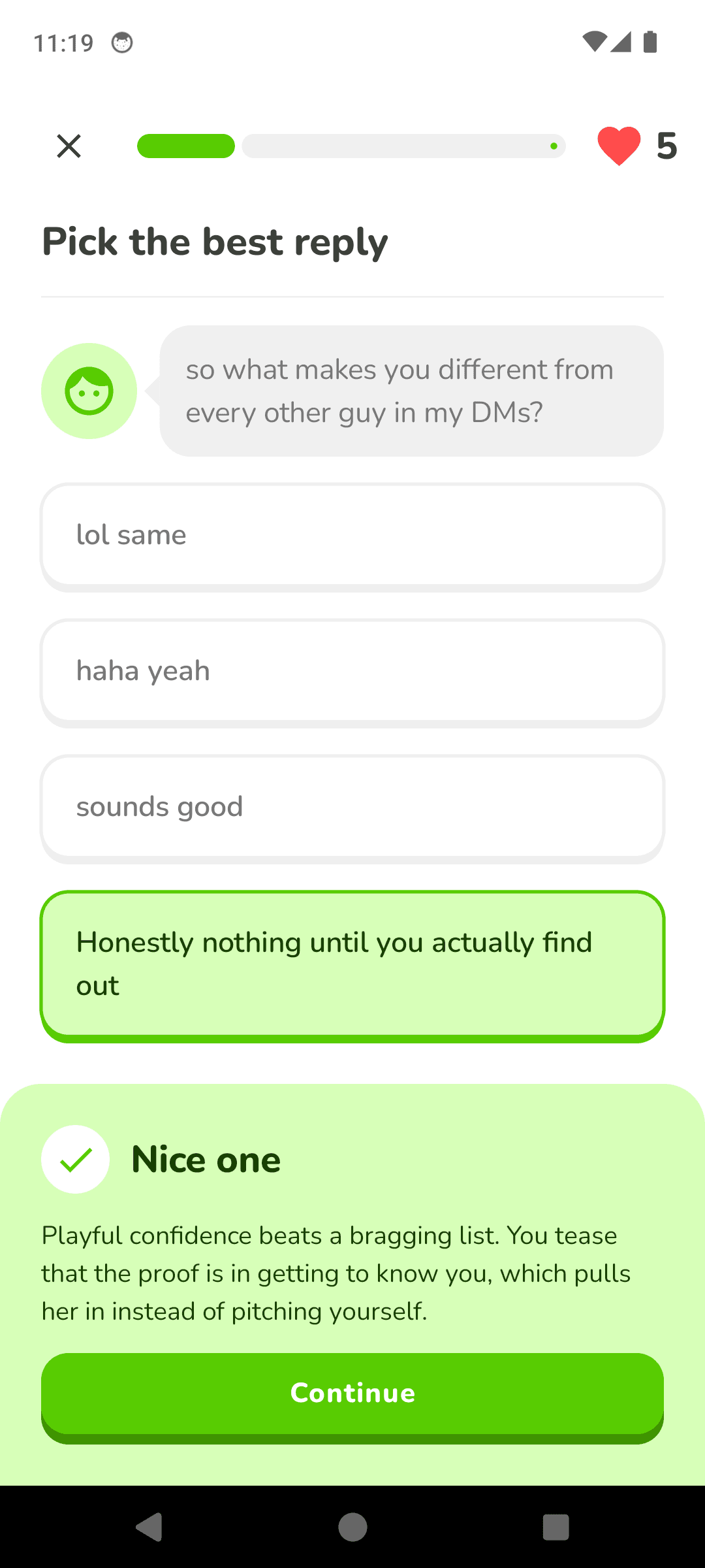 Instant feedback explaining why the reply works
